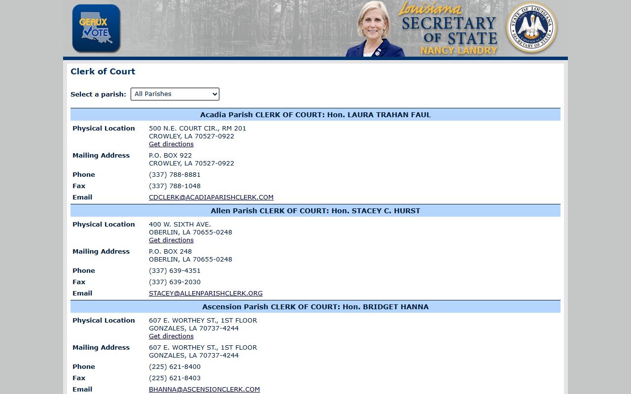 LaSalle Parish Clerk of Court Secretary of State clerk directory
