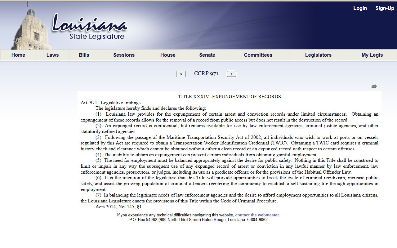 LaSalle Parish criminal court records Louisiana expungement statute