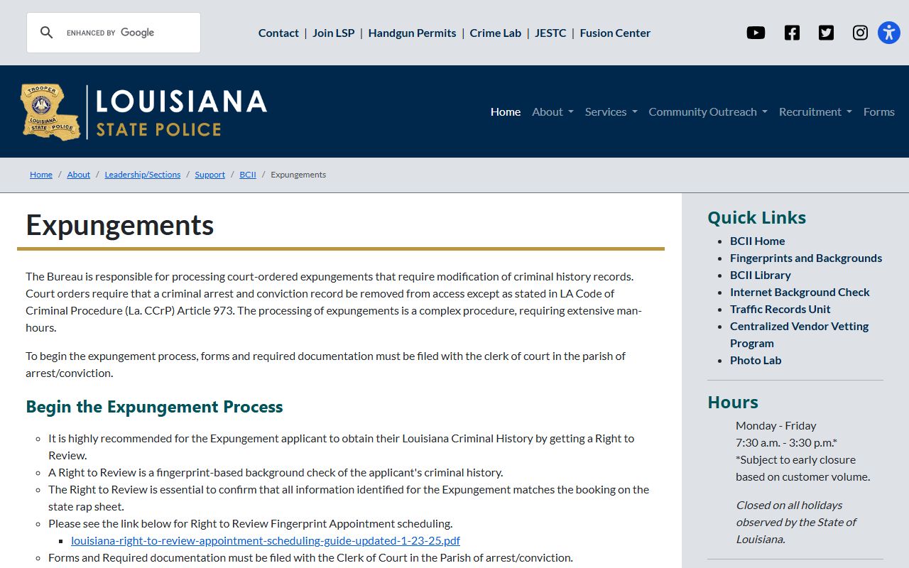 LaSalle Parish criminal court records Louisiana State Police expungement page