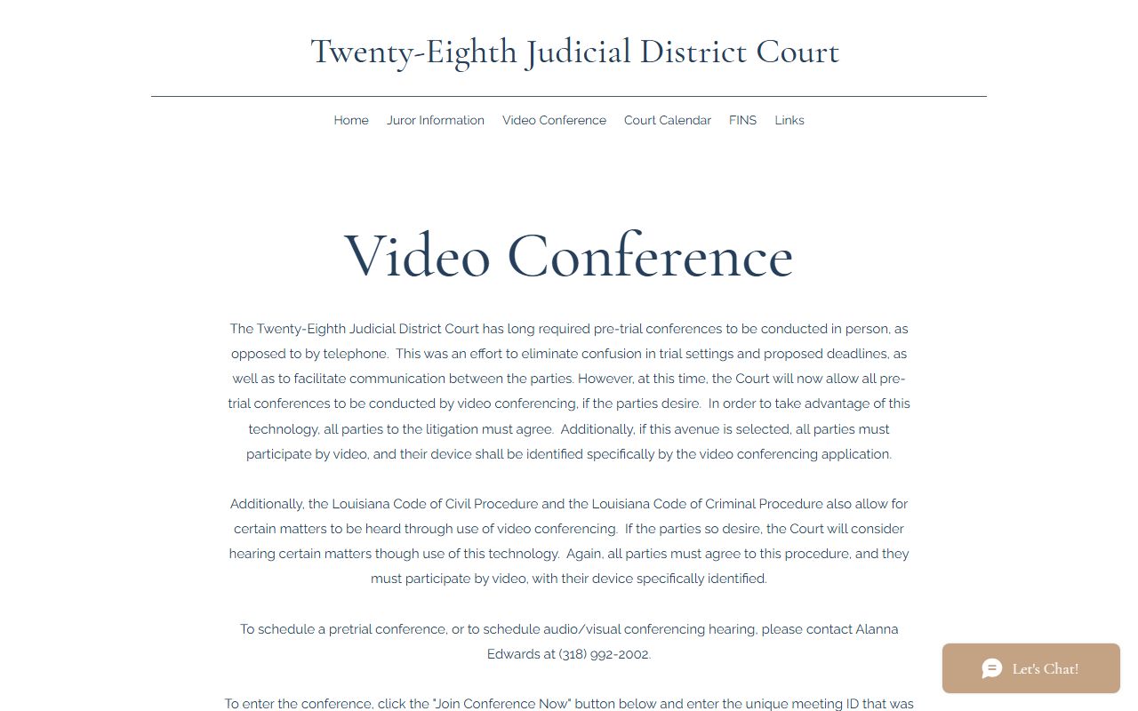 LaSalle Parish District Court video conference procedure for hearings