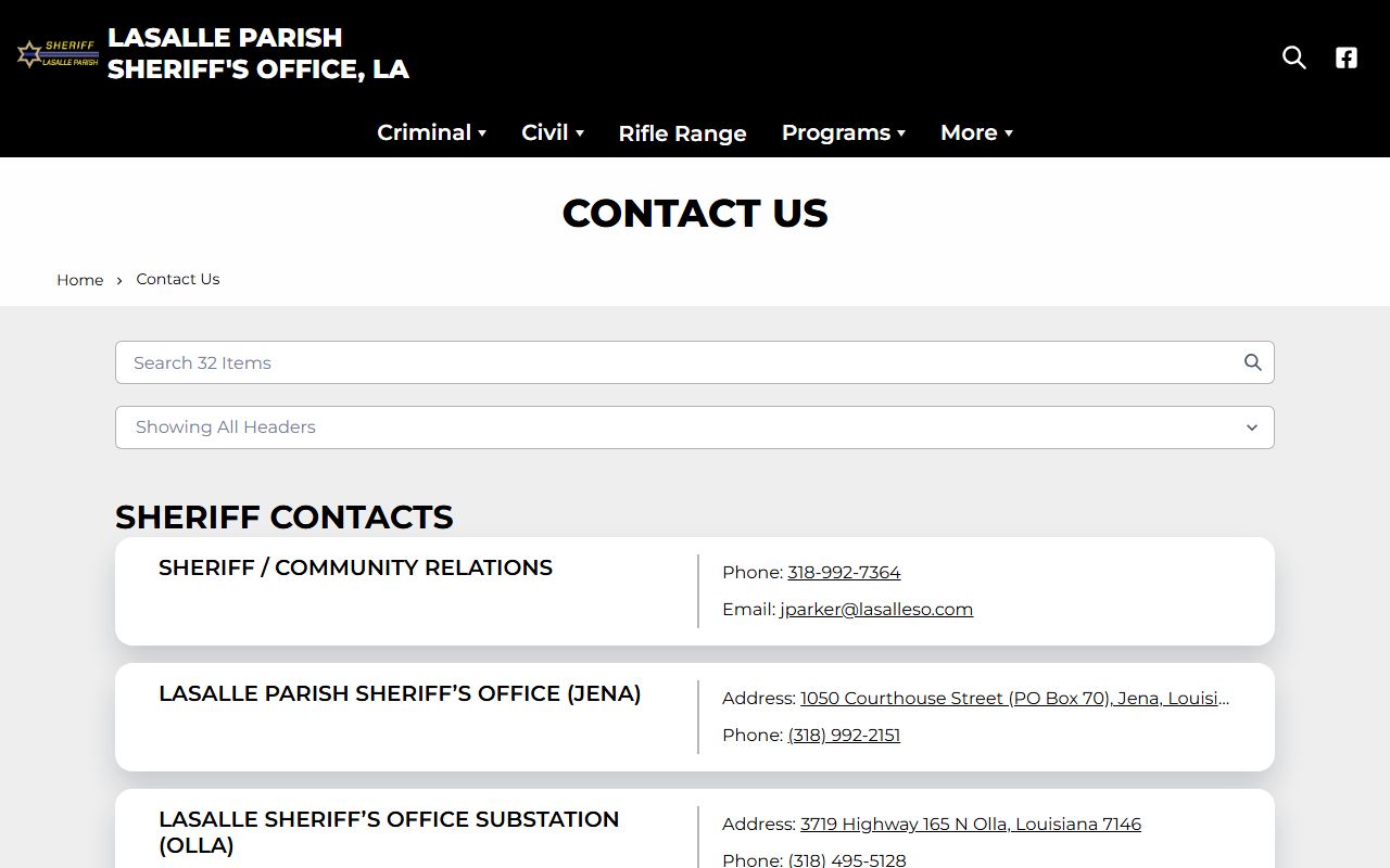 LaSalle Parish inmate records Sheriff jail contact page