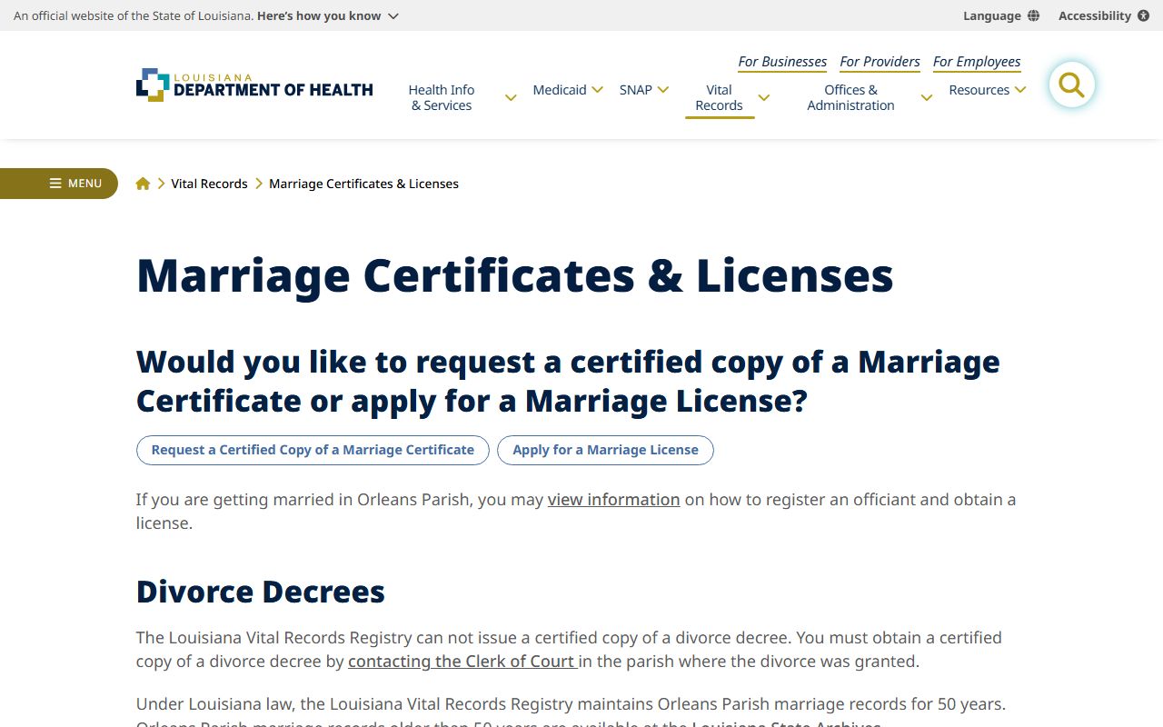 LaSalle Parish marriage records Louisiana Department of Health marriage certificate guidance